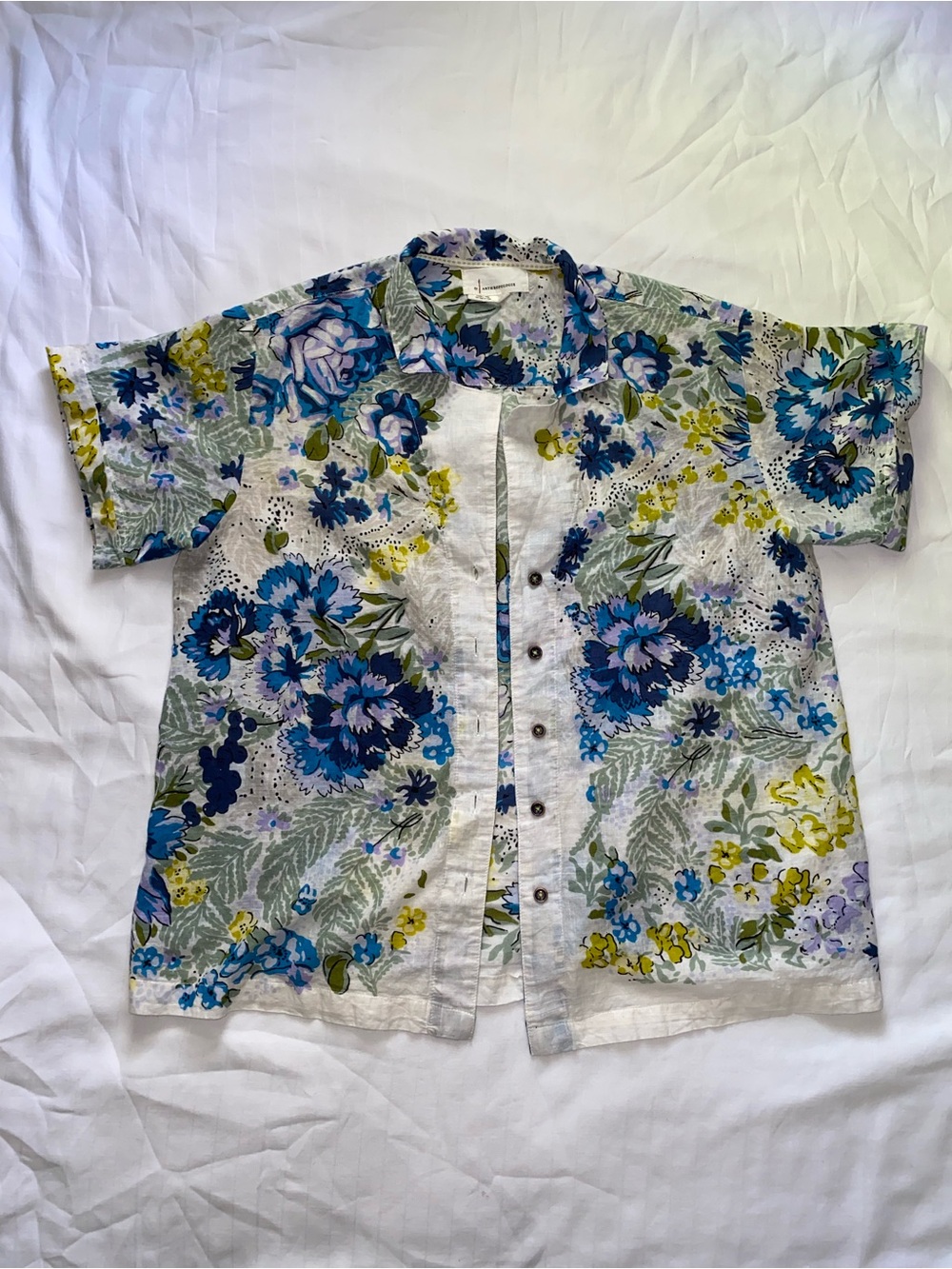 Anthropologie White Floral Blouse with Blue, Green & Lavender Accents